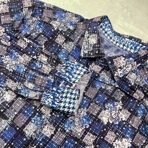 Robert Graham Dress Shirt Men 2XL Blue Geo Patchwork Print Flip Cuff Button Up